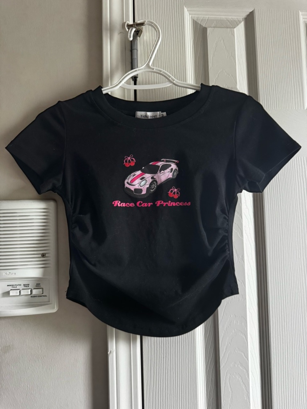 Black 'Race Car Princess' Crop Top with Pink Graphic